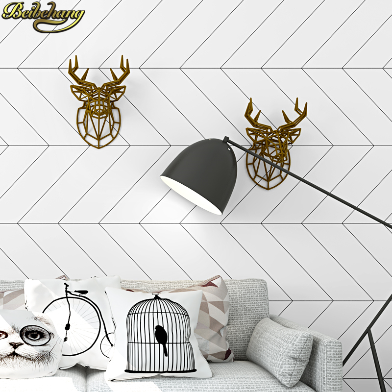 Home Improvement Stores - Beibehang สไตล์นอร์ดิกลายสก๊อตสีดําสีขาววอลล์เปเปอร์โมเดิร์น Minimalist Tea Shop ร้านเสื้อผ้าวอลล์เปเปอร์สีขาว